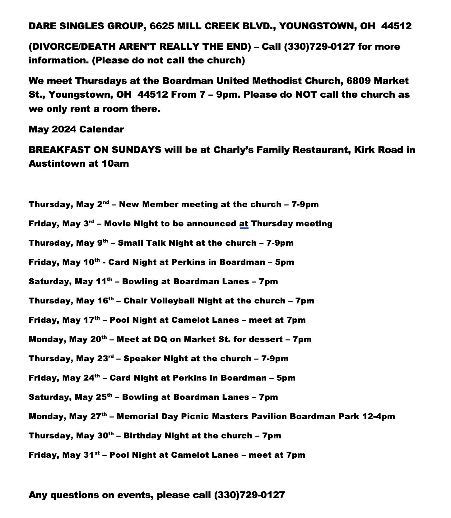 Event Calendar DARE Singles Group Mahoning, Columbiana, Trumbull County